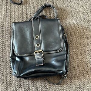 The Stone Black Faux Leather Mini Backpack Purse Contrast Stitch